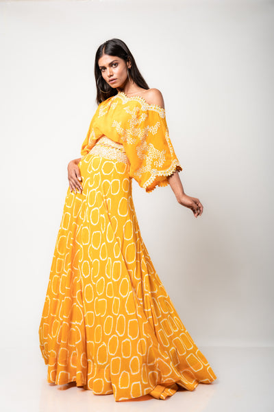 Nupur Kanoi Off-shoulder Top & Lehenga Set mustard festive fusion indian designer wear online shopping melange singapore