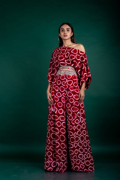 Nupur Kanoi Off-shoulder Top & Pants Set burgundy off white festive fusion indian designer wear online shopping melange singapore