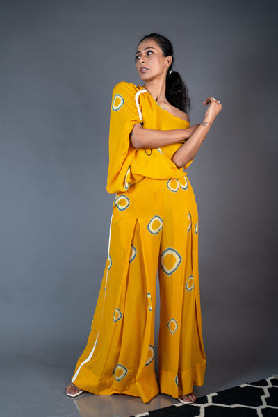 Nupur Kanoi Off Shoulder Top With Box Pleated Pant Mustard and Grey Online Shopping Melange Singapore Indian Designer Wear
