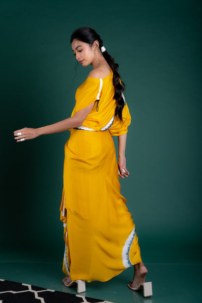 Nupur Kanoi Off Shoulder Top With Cowl Skirt Set Mustard and Grey Online Shopping Melange Singapore Indian Designer Wear