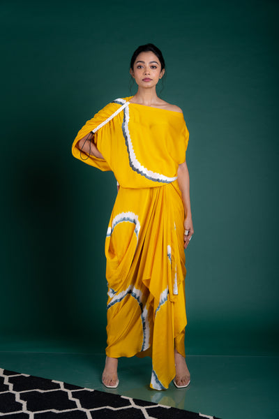 Nupur Kanoi Off Shoulder Top With Cowl Skirt Set Mustard and Grey Online Shopping Melange Singapore Indian Designer Wear