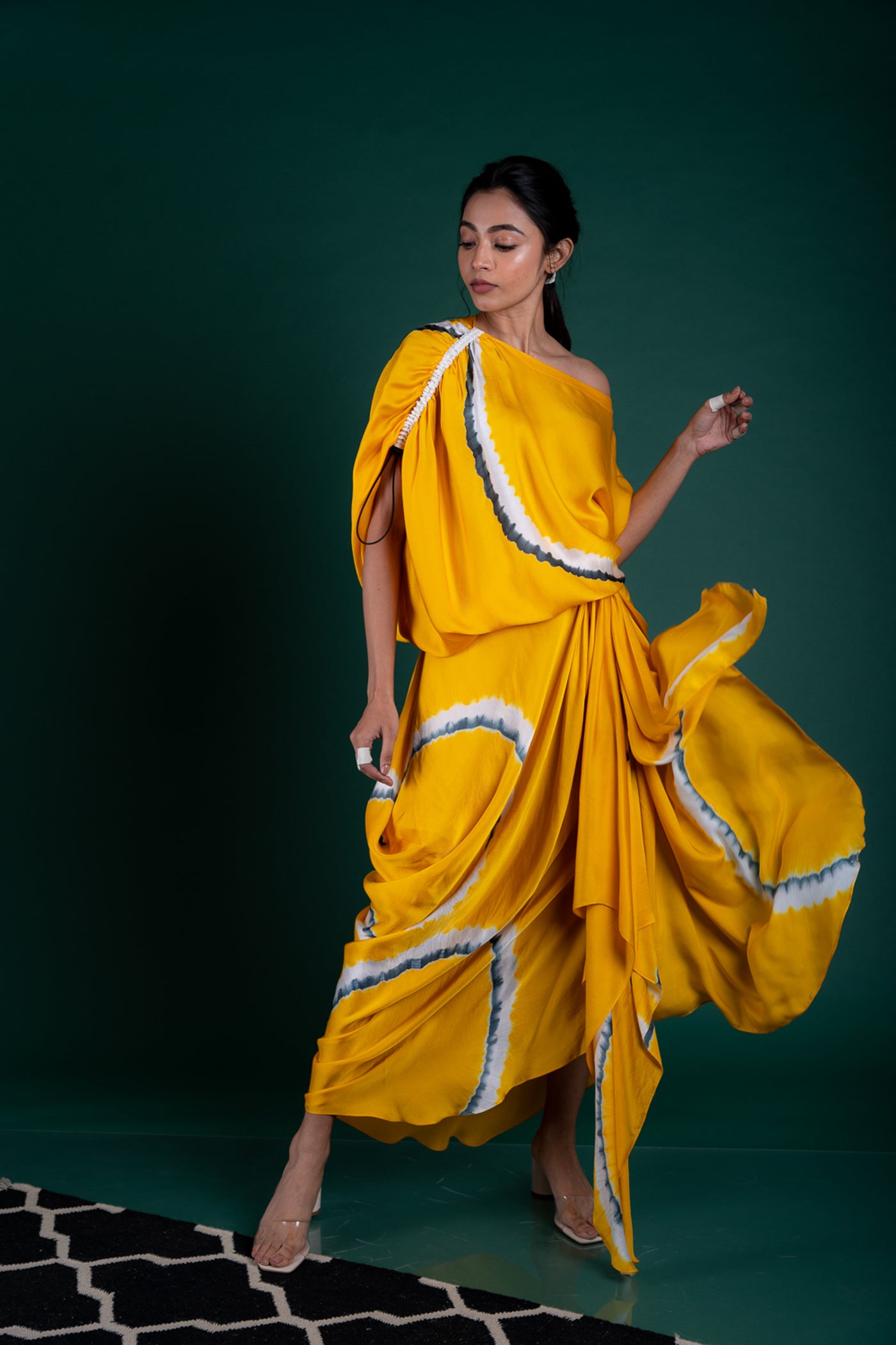 Nupur Kanoi Off Shoulder Top With Cowl Skirt Set Mustard and Grey Online Shopping Melange Singapore Indian Designer Wear