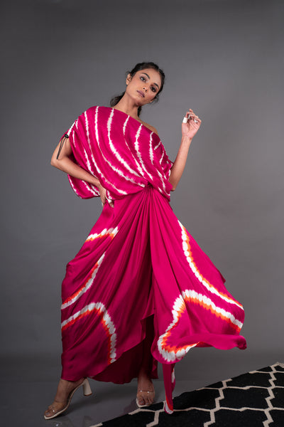 Nupur Kanoi Off Shoulder Top With Cowl Skirt Set Rani, Orange and Off-white Online Shopping Melange Singapore Indian Designer Wear