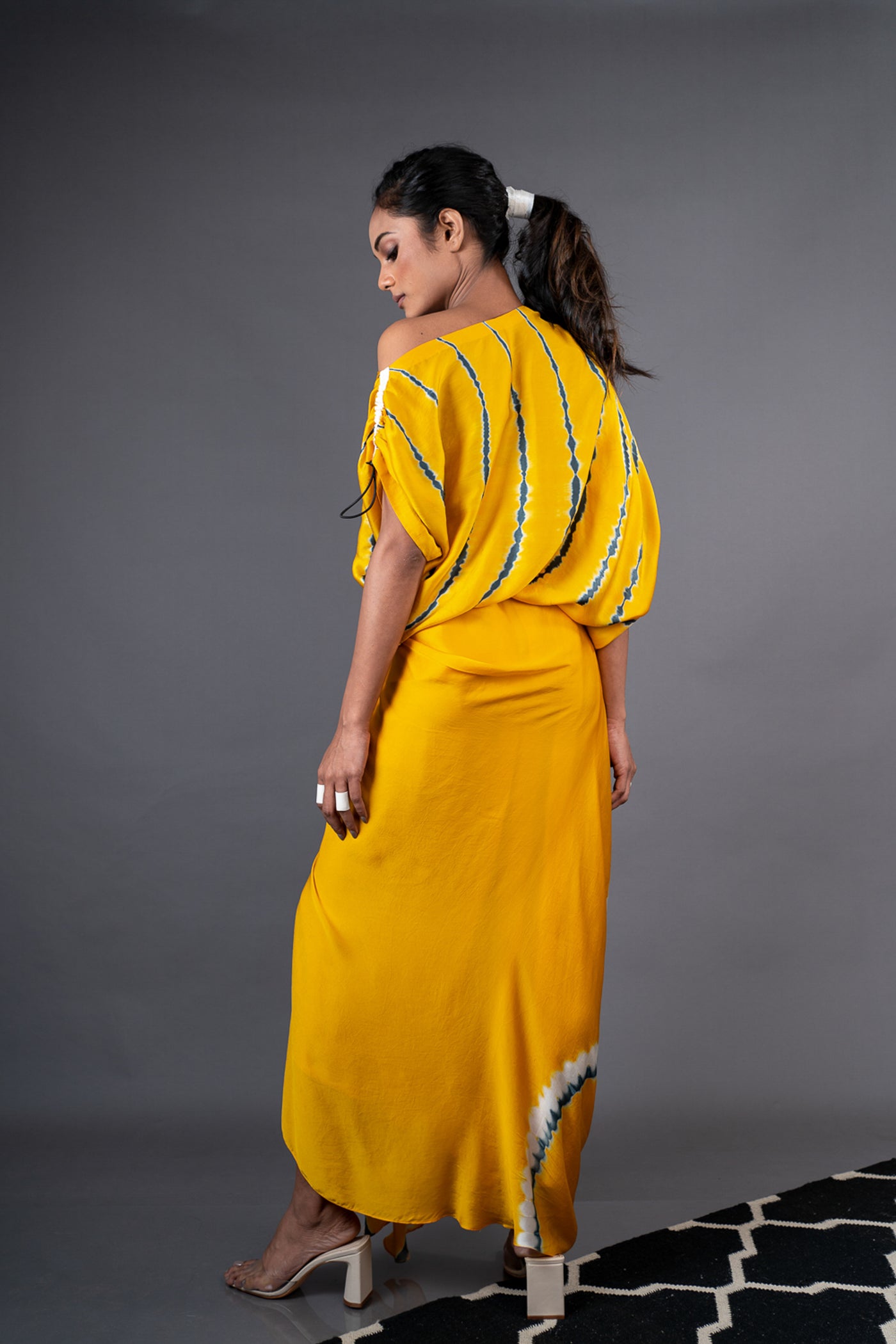 Nupur Kanoi Off Shoulder Top With Gather Cowl Skirt Set Mustard and Grey Online Shopping Melange Singapore Indian Designer Wear