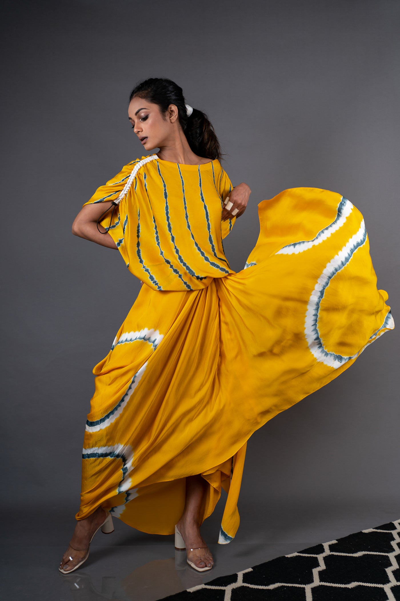 Nupur Kanoi Off Shoulder Top With Gather Cowl Skirt Set Mustard and Grey Online Shopping Melange Singapore Indian Designer Wear