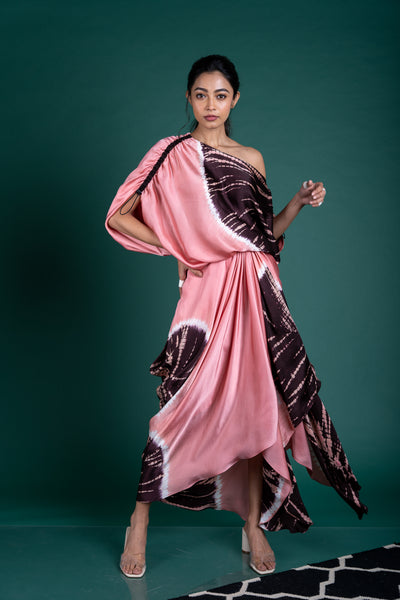Nupur Kanoi Off Shoulder Top With Gather Cowl Skirt Set Brown and Old-rose Online Shopping Melange Singapore Indian Designer Wear