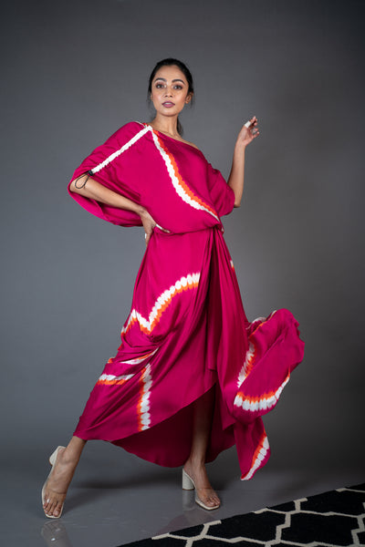 Nupur Kanoi Off Shoulder Top With Gather Cowl Skirt Set Rani, Orange and Off-white Online Shopping Melange Singapore Indian Designer Wear