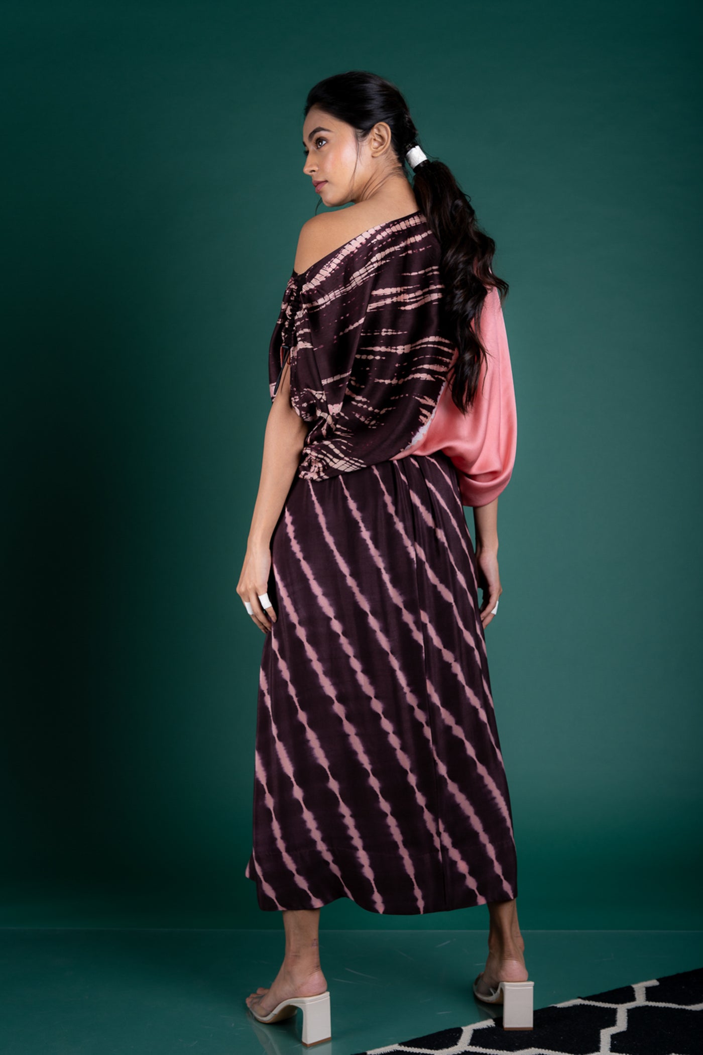 Nupur Kanoi Off Shoulder Top With Lungi Set Brown and Old-rose Online Shopping Melange Singapore Indian Designer Wear