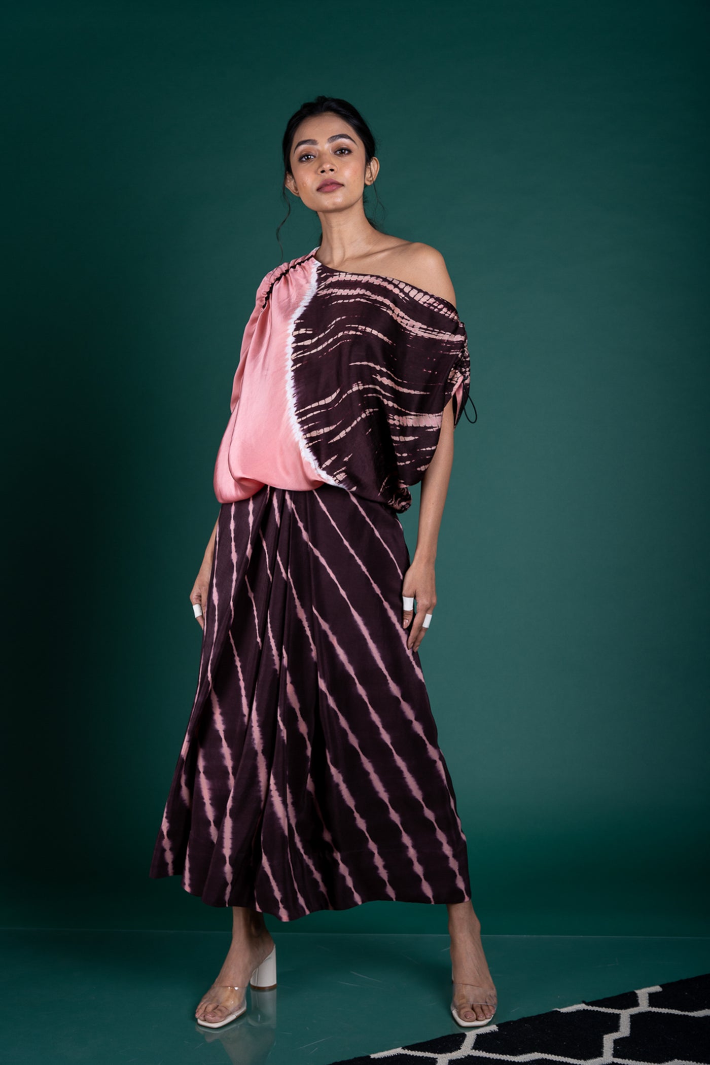 Nupur Kanoi Off Shoulder Top With Lungi Set Brown and Old-rose Online Shopping Melange Singapore Indian Designer Wear