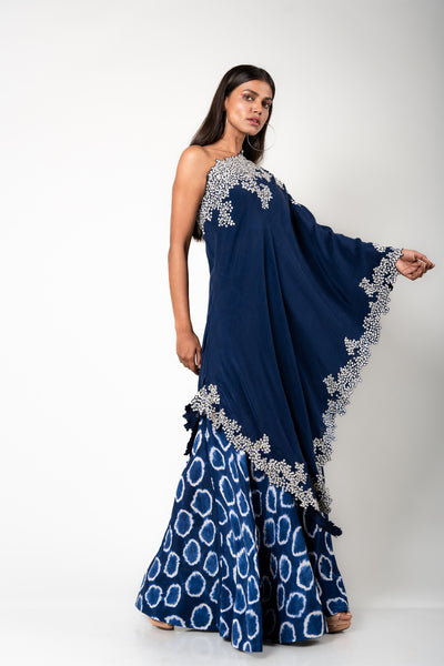 Nupur Kanoi One-shoulder Cape & Gharara Set blue off white festive fusion indian designer wear online shopping melange singapore