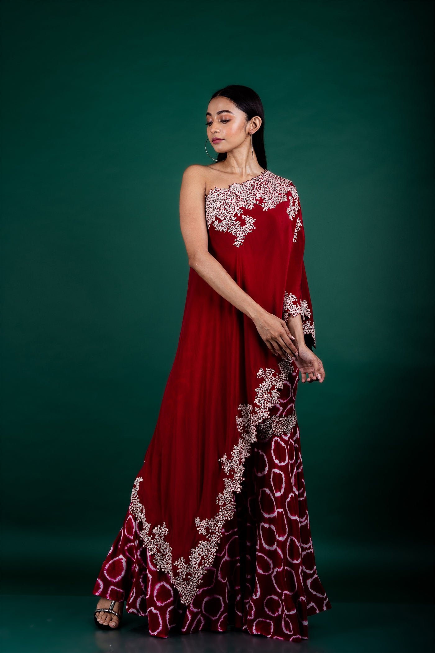 Nupur Kanoi One-shoulder Cape & Gharara Set burgundy and off white festive fusion indian designer wear online shopping melange singapore