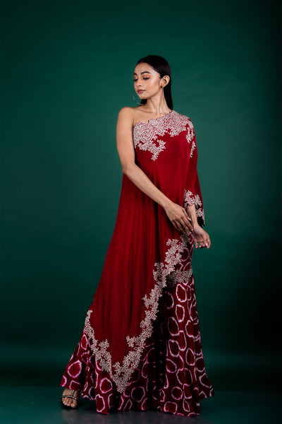 Nupur Kanoi One-shoulder Cape & Gharara Set burgundy and off white festive fusion indian designer wear online shopping melange singapore