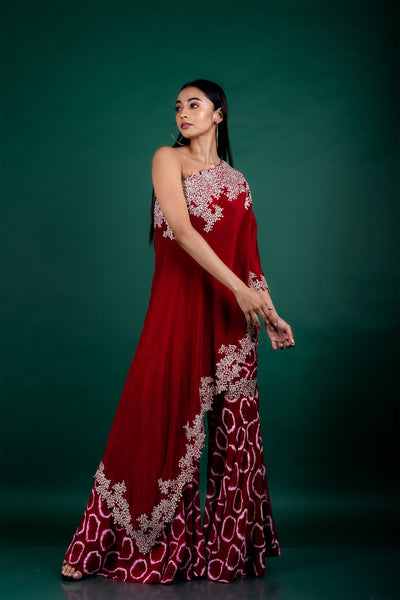 Nupur Kanoi One-shoulder Cape & Gharara Set burgundy and off white festive fusion indian designer wear online shopping melange singapore