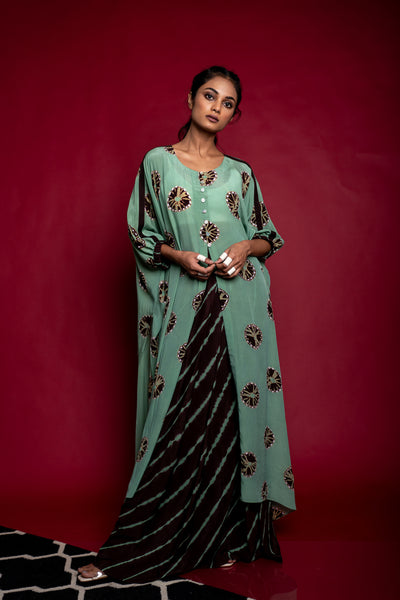 Nupur Kanoi Open Kaftan Jacket With Lungi Set Sage-Green and Brown Online Shopping Melange Singapore Indian Designer Wear