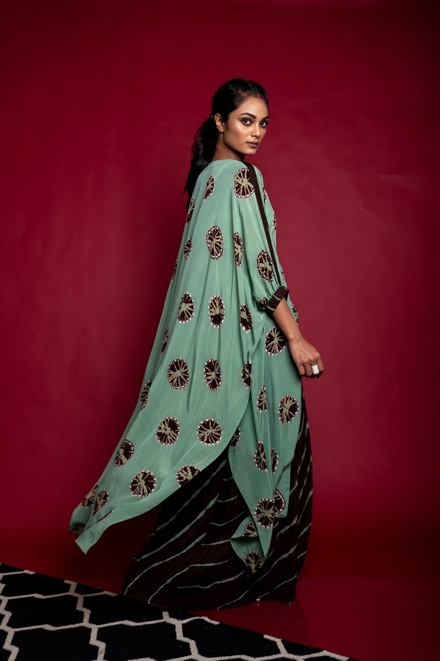 Nupur Kanoi Open Kaftan Jacket With Lungi Set Sage-Green and Brown Online Shopping Melange Singapore Indian Designer Wear