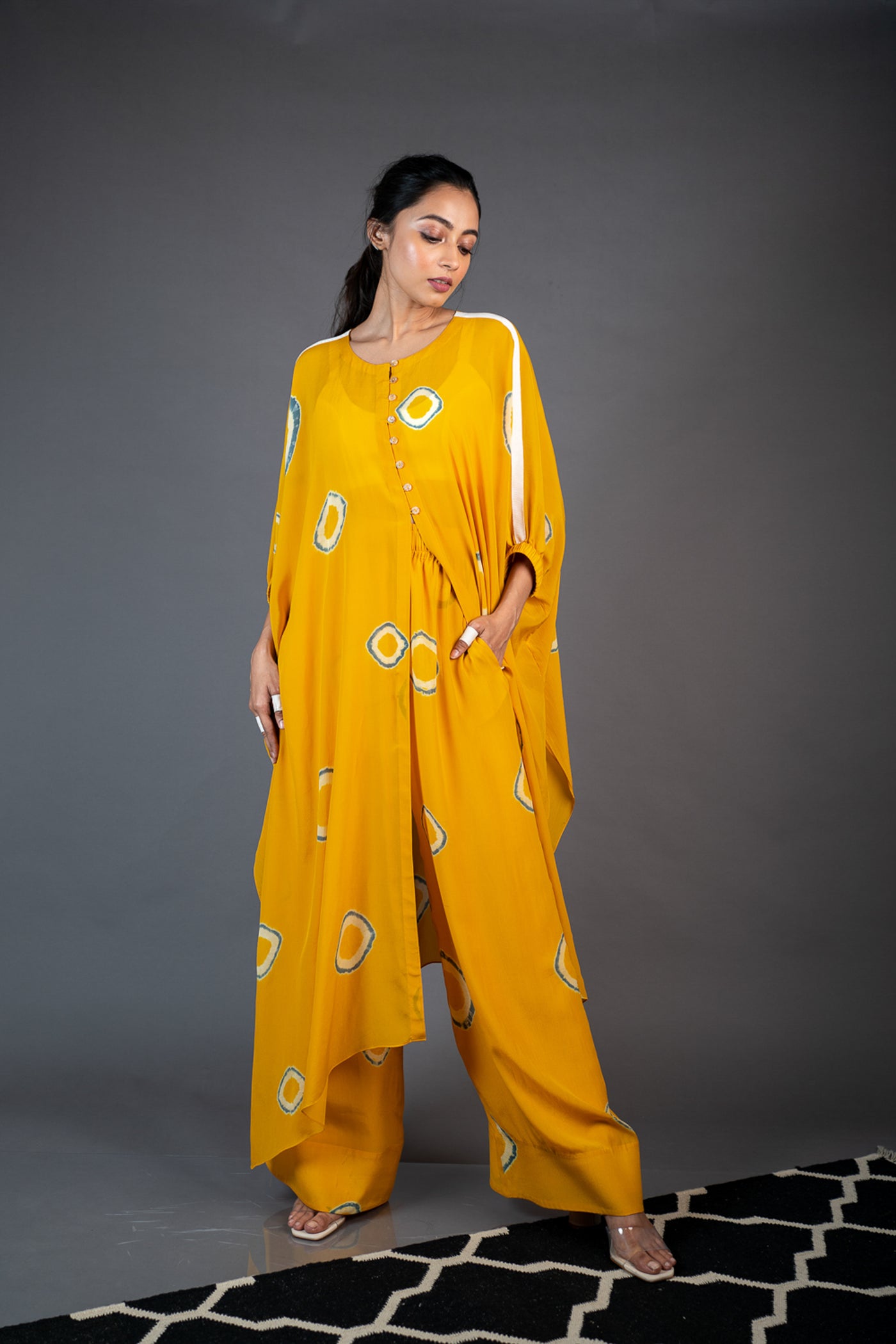 Nupur Kanoi Open Kaftan Jacket With Straight Pants Mustard and Grey Online Shopping Melange Singapore Indian Designer Wear