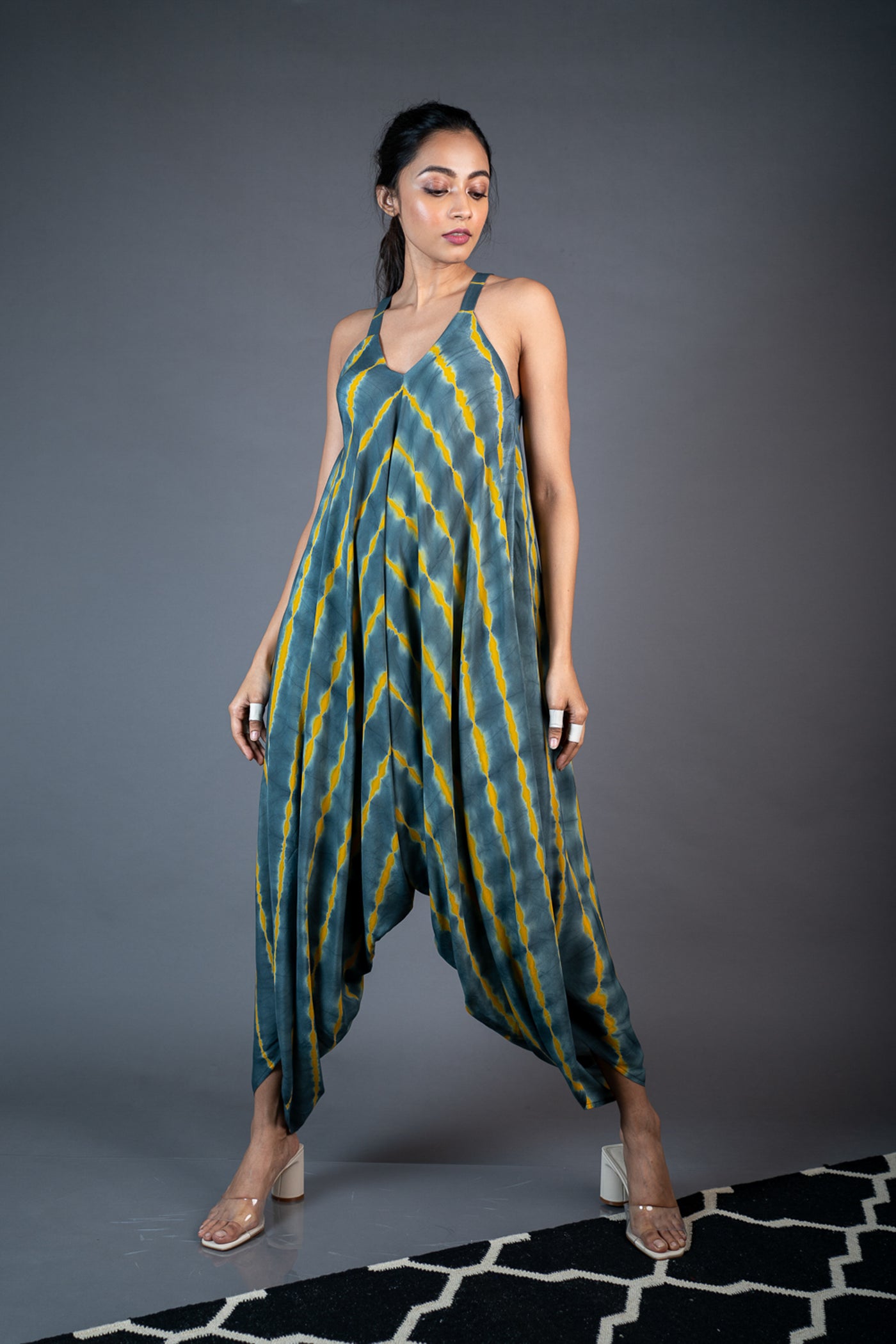 Nupur Kanoi Open Kaftan Jacket With Strappy Jumpsuit Set Mustard and Grey Online Shopping Melange Singapore Indian Designer Wear