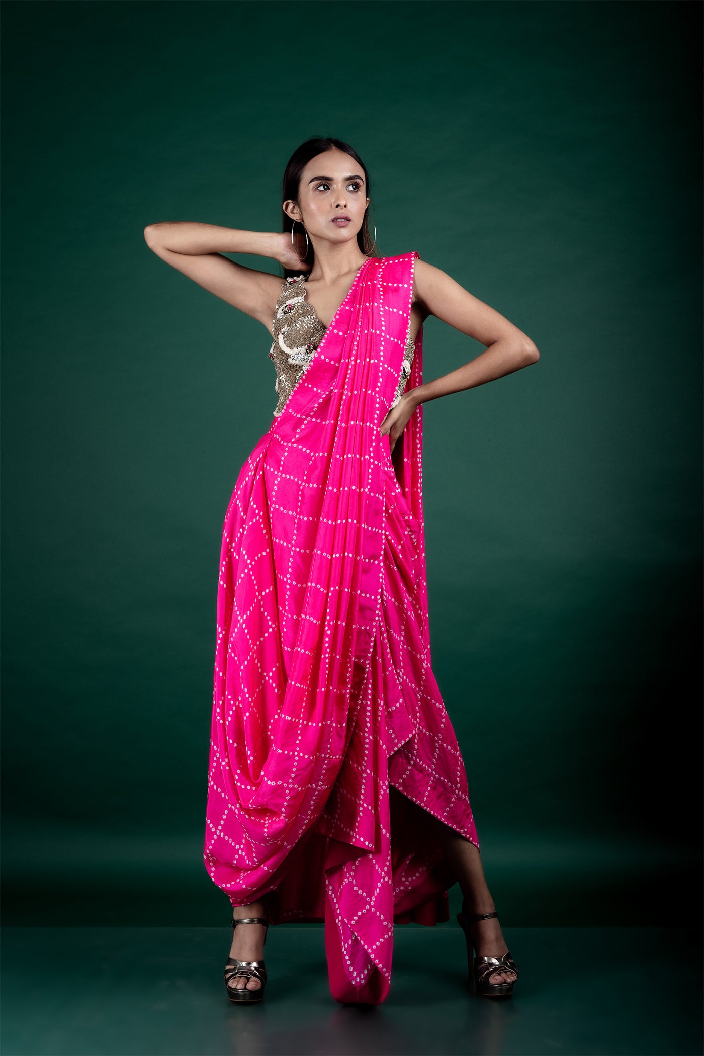Nupur Kanoi Pre-draped Cowl Sari & Blouse Set hot pink festive fusion indian designer wear online shopping melange singapore