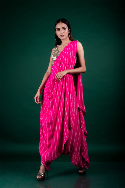 Nupur Kanoi Pre-draped Cowl Sari & Blouse Set hot pink festive fusion indian designer wear online shopping melange singapore