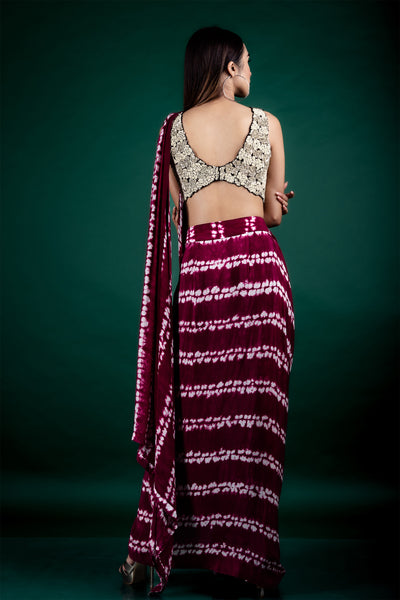 Nupur Kanoi Pre-draped Dhoti Sari With Blouse Set burgundy off white festive fusion indian designer wear online shopping melange singapore