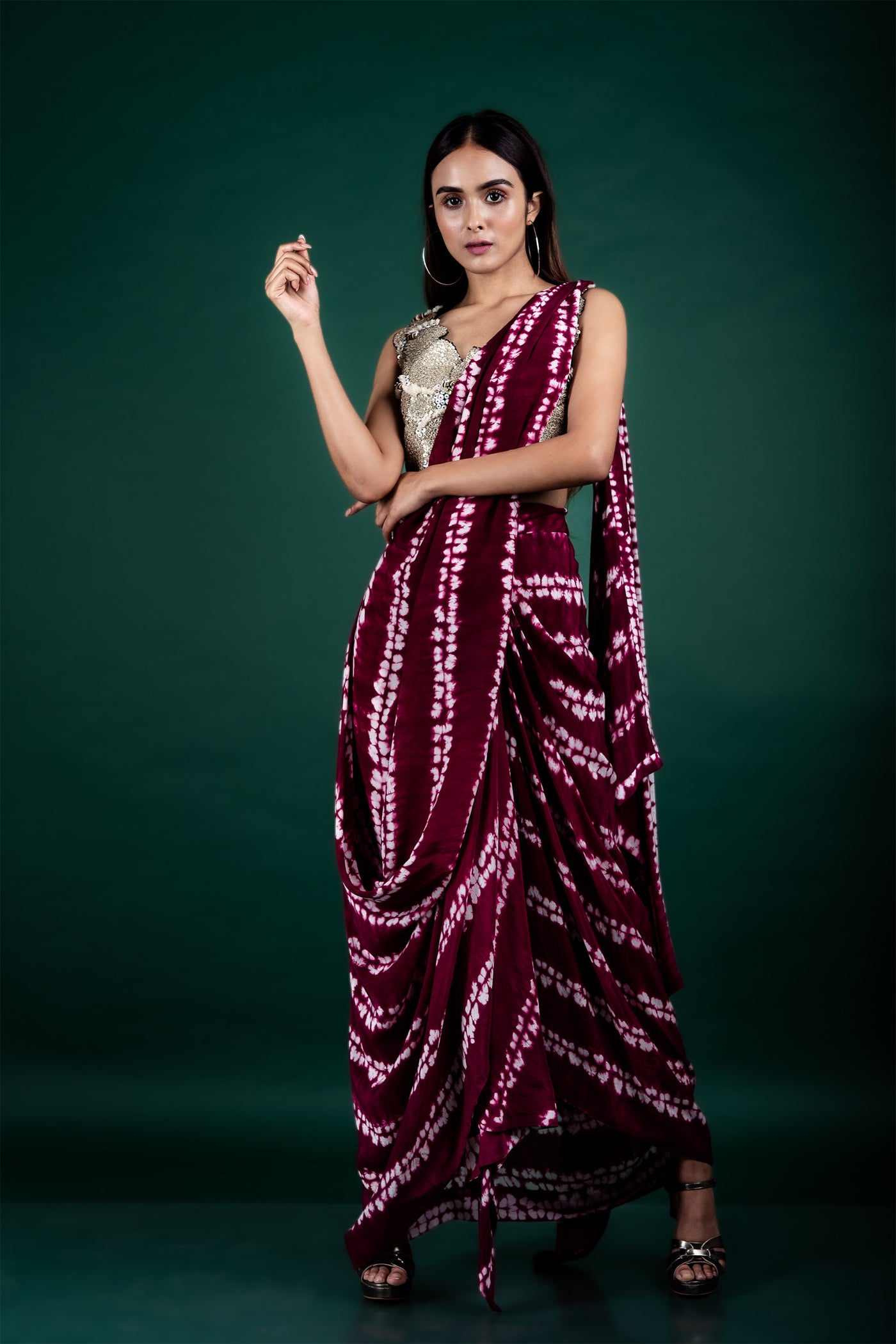 Nupur Kanoi Pre-draped Dhoti Sari With Blouse Set burgundy off white festive fusion indian designer wear online shopping melange singapore
