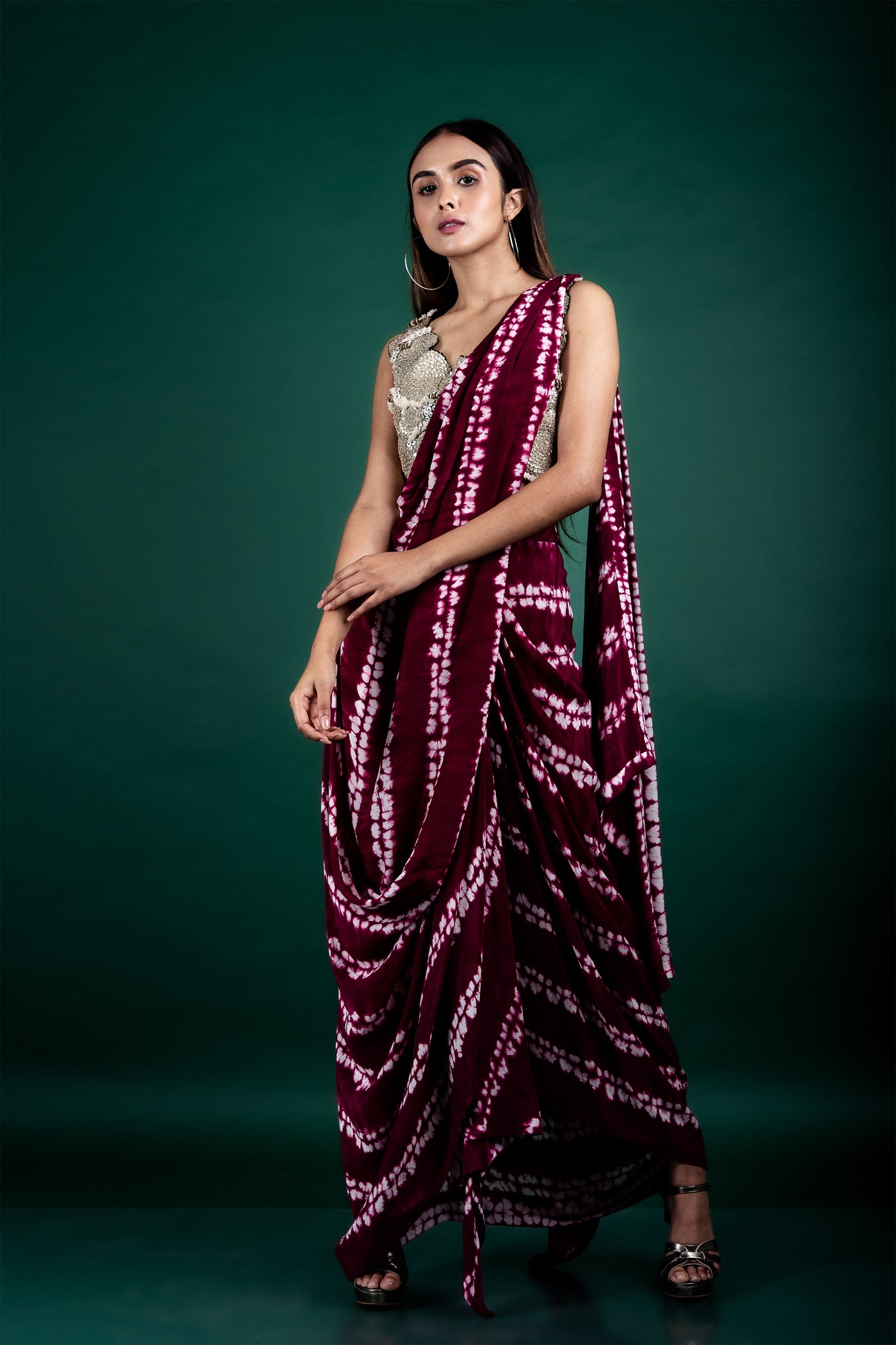 Nupur Kanoi Pre-draped Dhoti Sari With Blouse Set burgundy off white festive fusion indian designer wear online shopping melange singapore