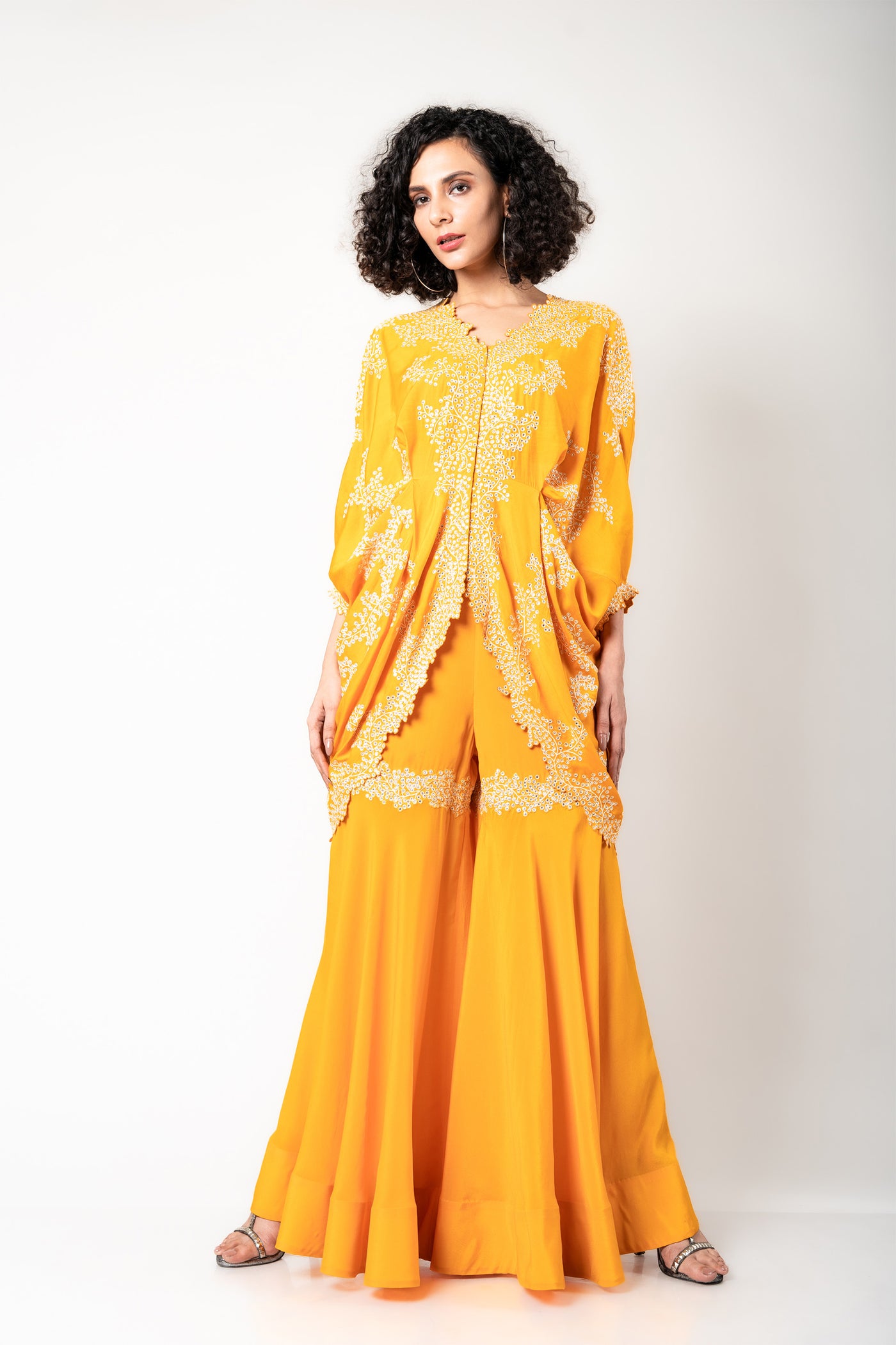 Nupur Kanoi Short Kite & Gharara Set mustard festive fusion indian designer wear online shopping melange singapore