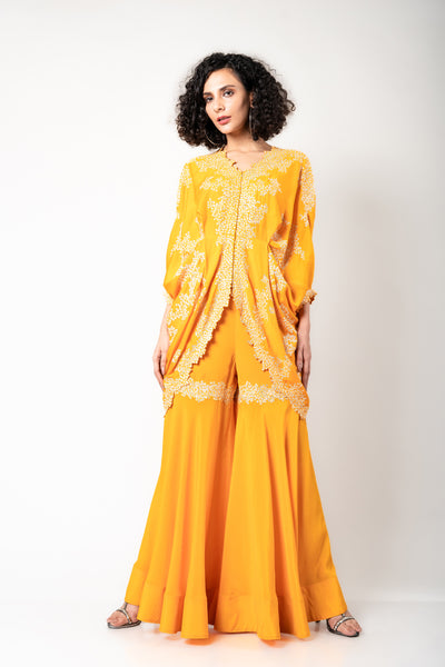 Nupur Kanoi Short Kite & Gharara Set mustard festive fusion indian designer wear online shopping melange singapore