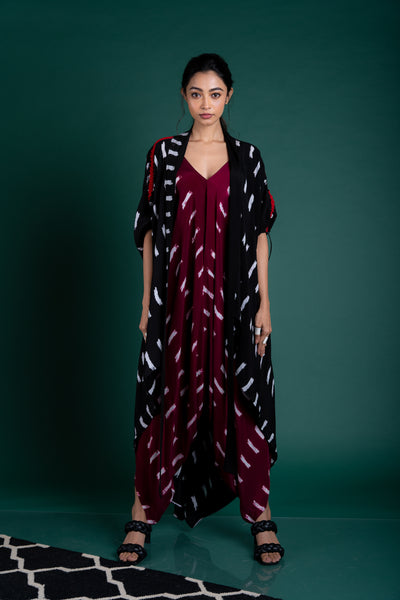 Nupur Kanoi Tail-coat With Strappy Jumpsuit Set Burgandy and Black Online Shopping Melange Singapore Indian Designer Wear