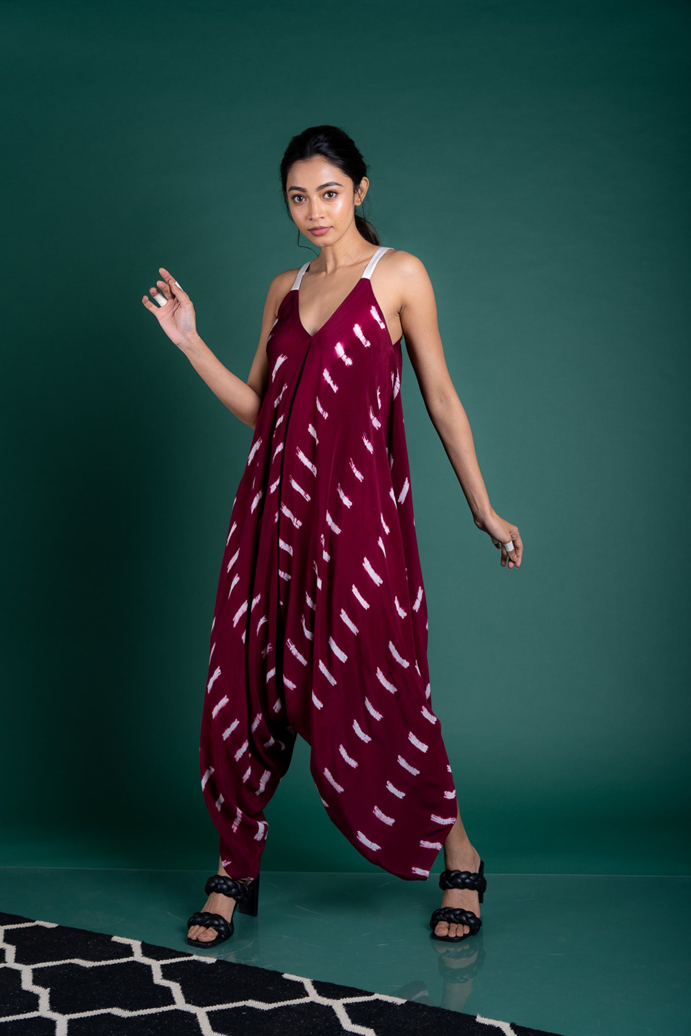 Nupur Kanoi Tail-coat With Strappy Jumpsuit Set Burgandy and Black Online Shopping Melange Singapore Indian Designer Wear