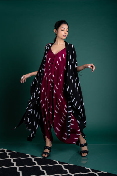 Nupur Kanoi Tail-coat With Strappy Jumpsuit Set Burgandy and Black Online Shopping Melange Singapore Indian Designer Wear