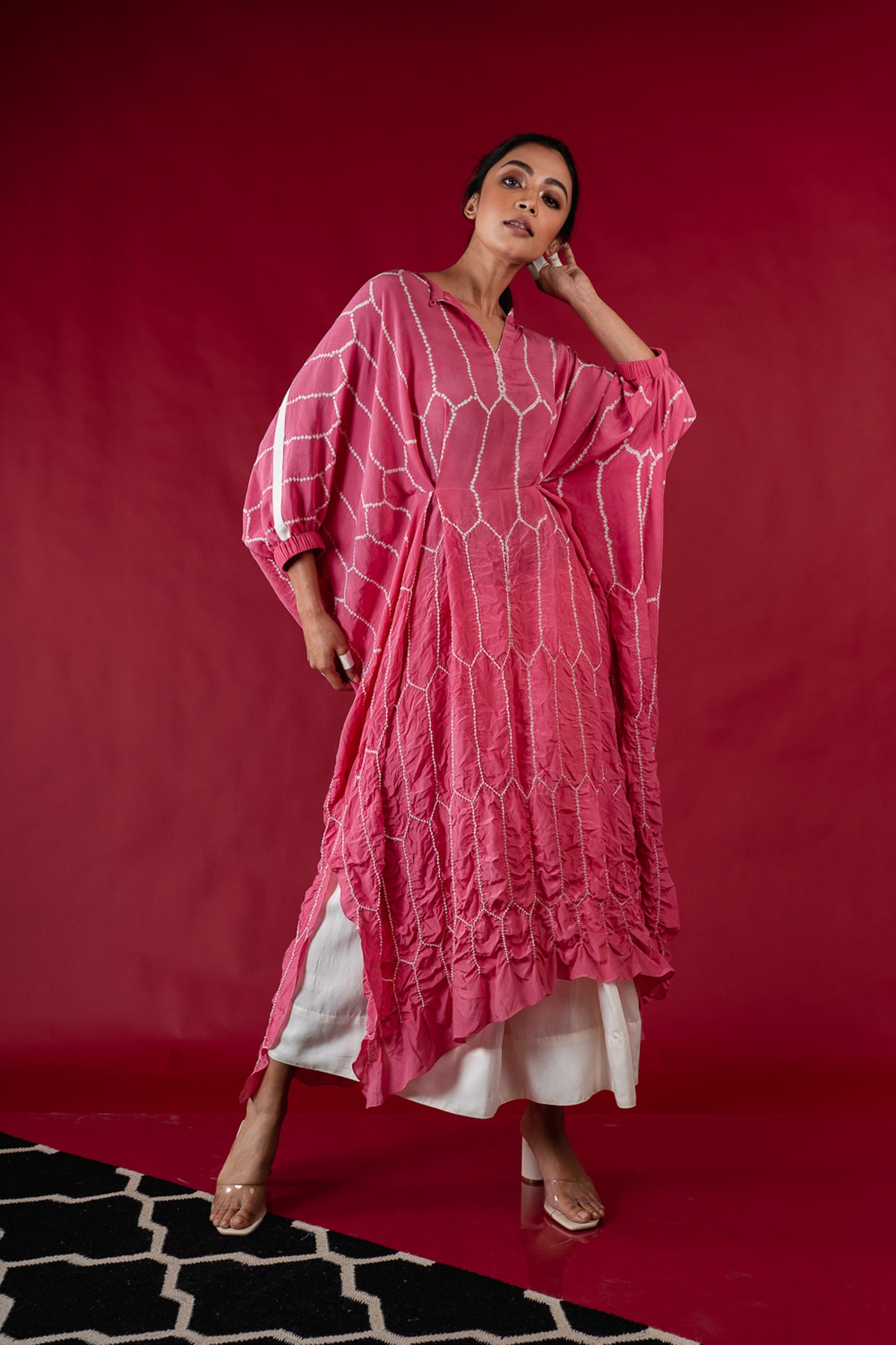 Tie-up Kaftan Kurta With Pants Set Old-rose and Off-white