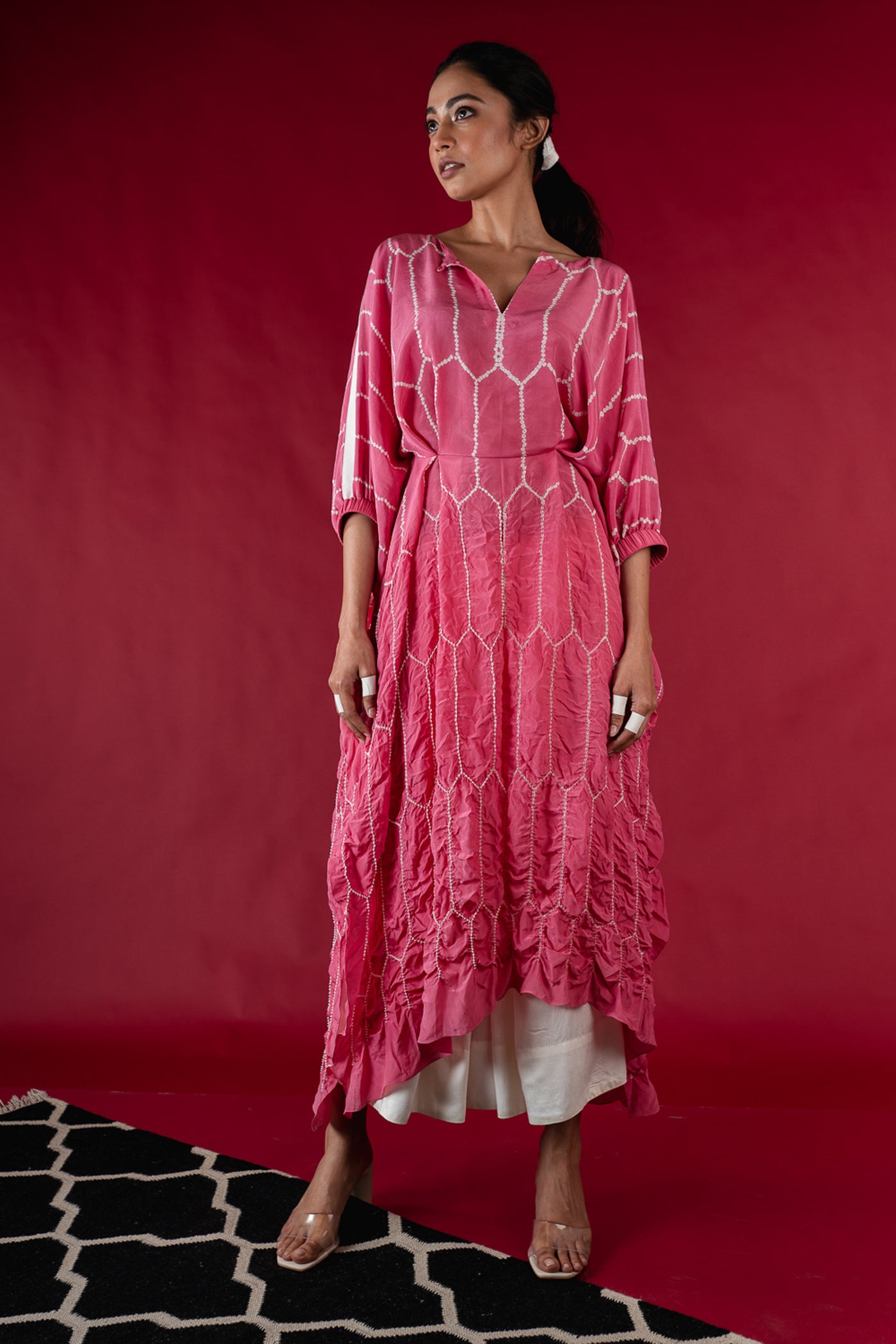 Tie-up Kaftan Kurta With Pants Set Old-rose and Off-white