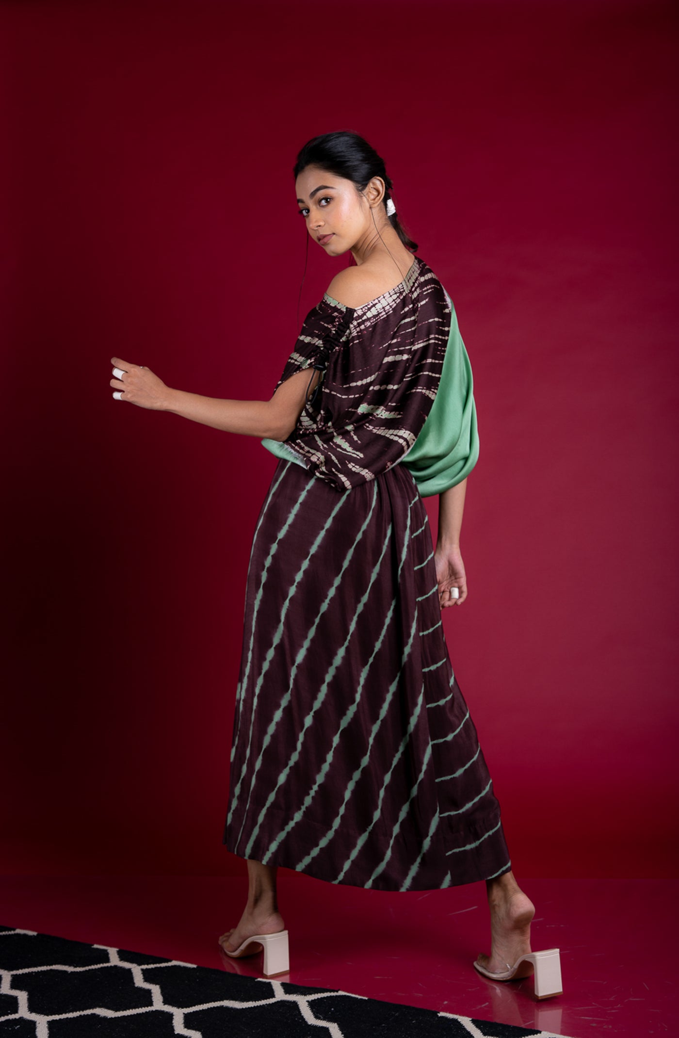 Nupur Kanoi Top With Lungi Set Sage-green and Brown Online Shopping Melange Singapore Indian Designer Wear