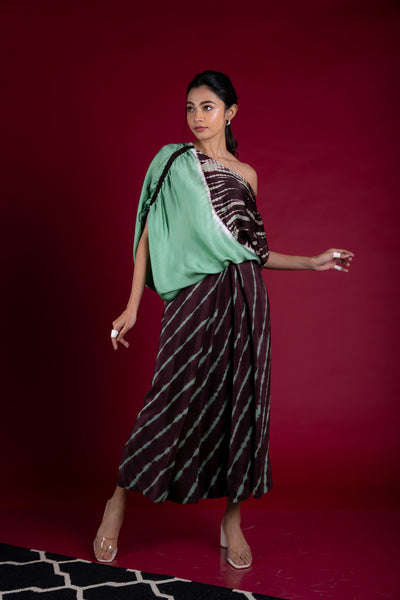 Nupur Kanoi Top With Lungi Set Sage-green and Brown Online Shopping Melange Singapore Indian Designer Wear