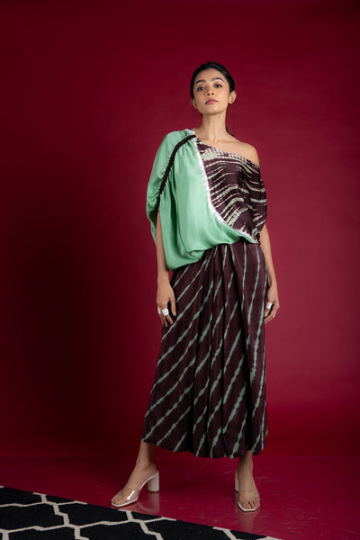 Nupur Kanoi Top With Lungi Set Sage-green and Brown Online Shopping Melange Singapore Indian Designer Wear