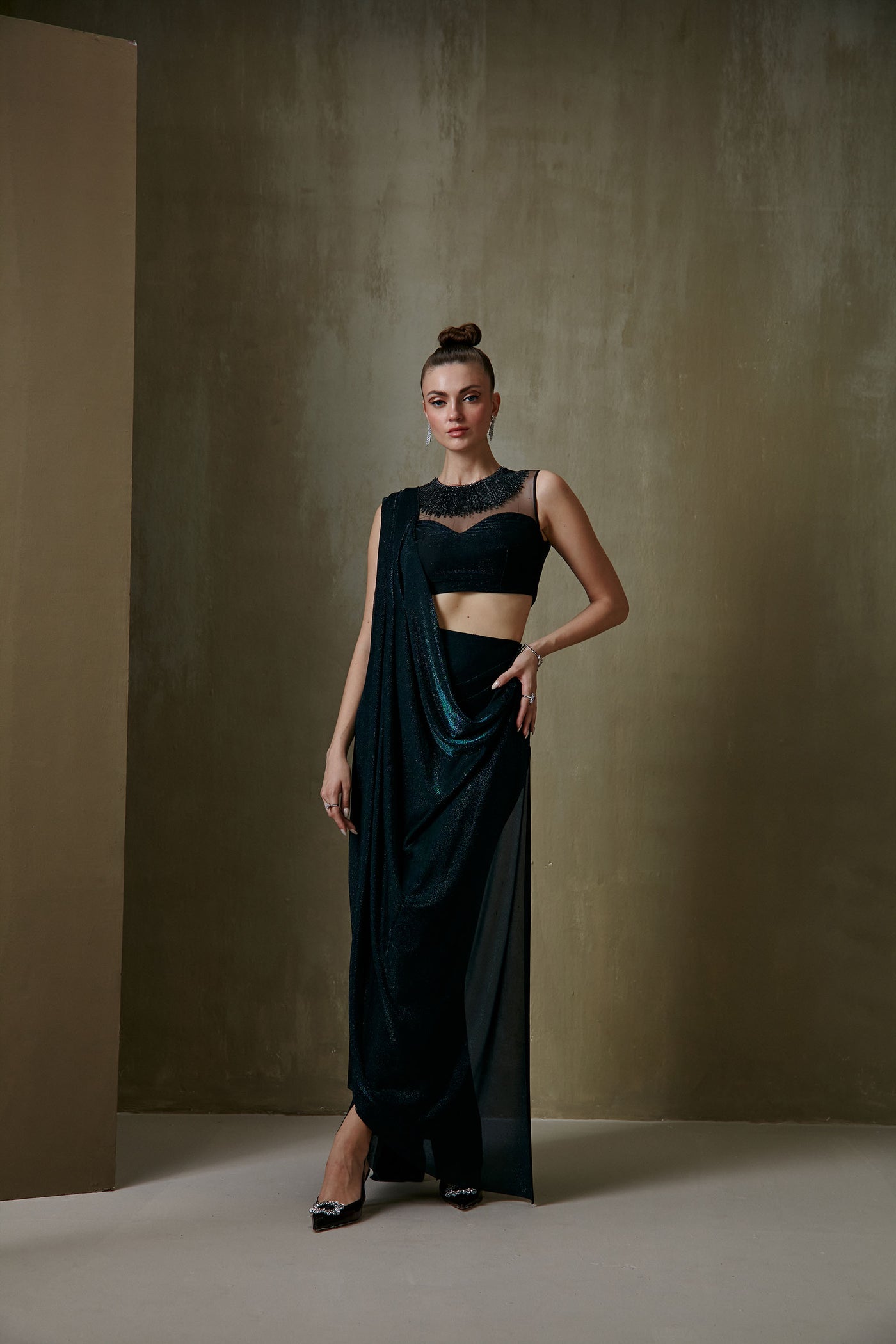 Namrata Joshipura Chain Streak Drape Saree Set Peacock Green indian designer fashion online shopping melange singapore