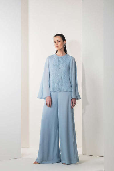 Namrata Joshipura Fade Away Split Sleeve Jumpsuit blue western indian designer wear online shopping melange singapore