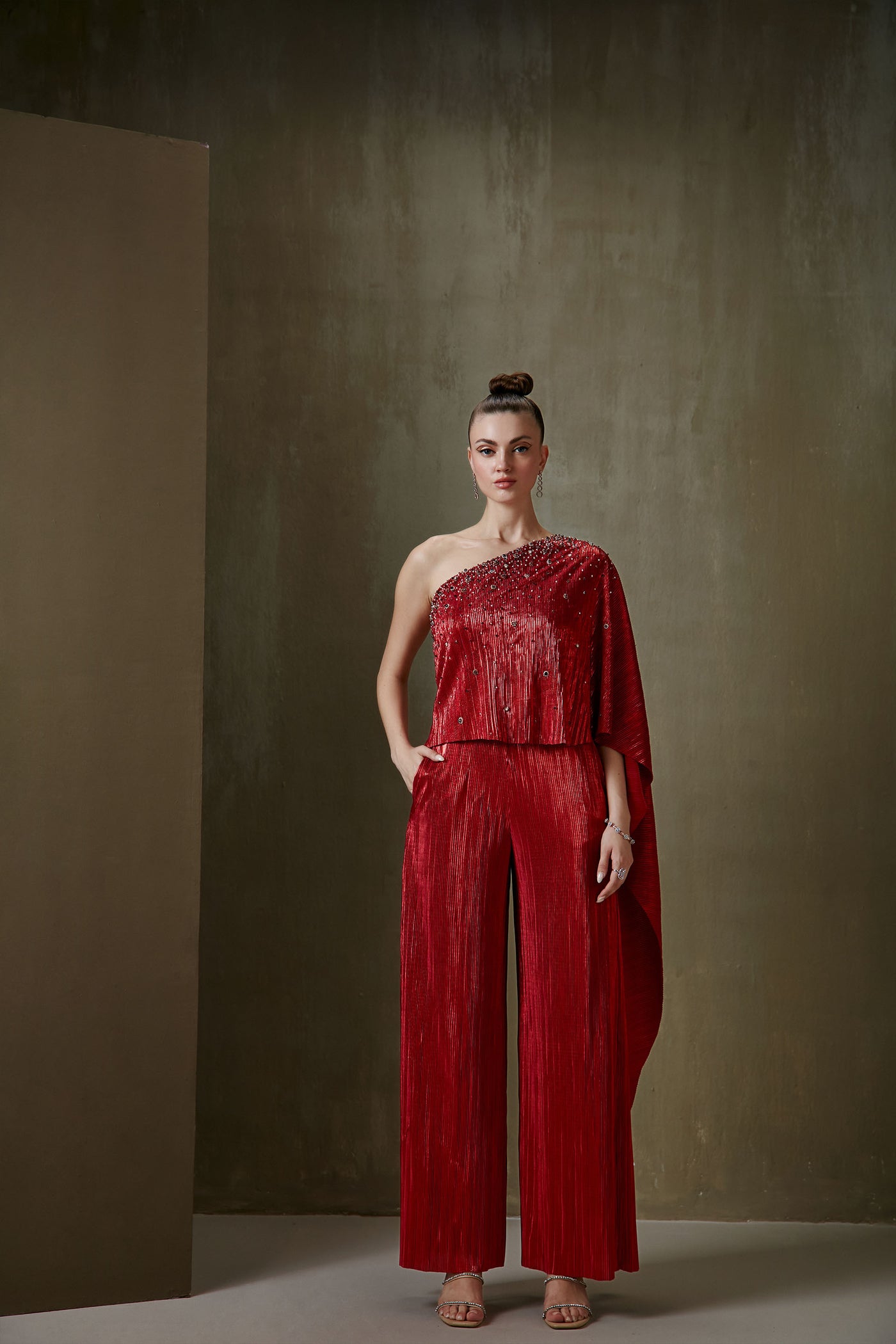 Namrata Joshipura Jewel Cluster One Off Shoulder Jumpsuit red indian designer fashion online shopping melange singapore