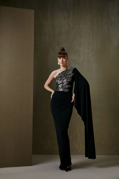 Namrata Joshipura Metallic Leaves One Off Shoulder Gown black indian designer fashion online shopping melange singapore