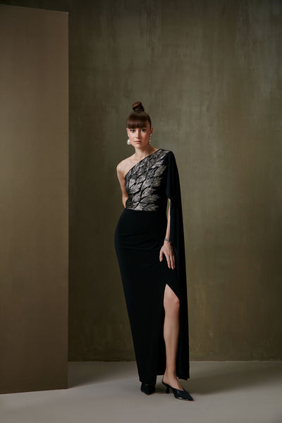 Namrata Joshipura Metallic Leaves One Off Shoulder Gown black indian designer fashion online shopping melange singapore