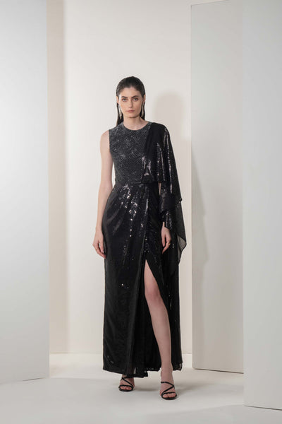 Namrata Joshipura Metallic Weave Drape Set black fusion indian designer wear online shopping melange singapore