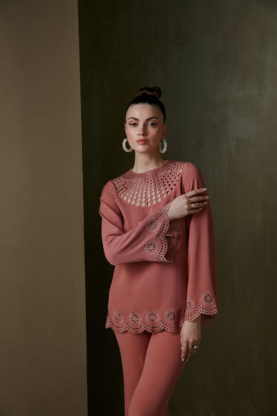 Namrata Joshipura Scallop Flora Co-Ord Set almond pink indian designer fashion online shopping melange singapore
