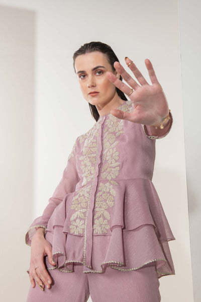 Namrata Joshipura Shimmer Bloom Peplum Set lilac fusion indian designer wear online shopping melange singapore