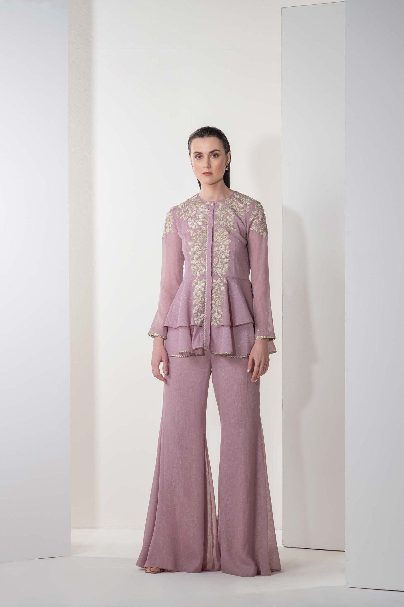 Namrata Joshipura Shimmer Bloom Peplum Set lilac fusion indian designer wear online shopping melange singapore