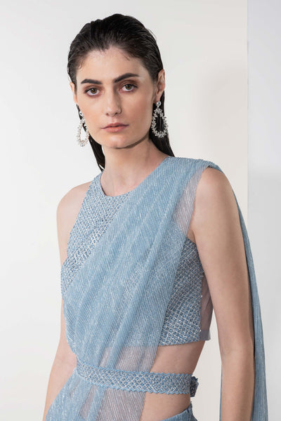 Namrata Joshipura Shimmer Pleated Jewel Set blue fusion indian designer wear online shopping melange singapore