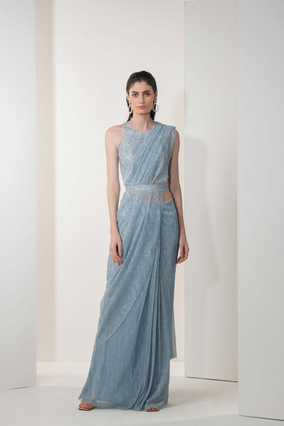 Namrata Joshipura Shimmer Pleated Jewel Set blue fusion indian designer wear online shopping melange singapore
