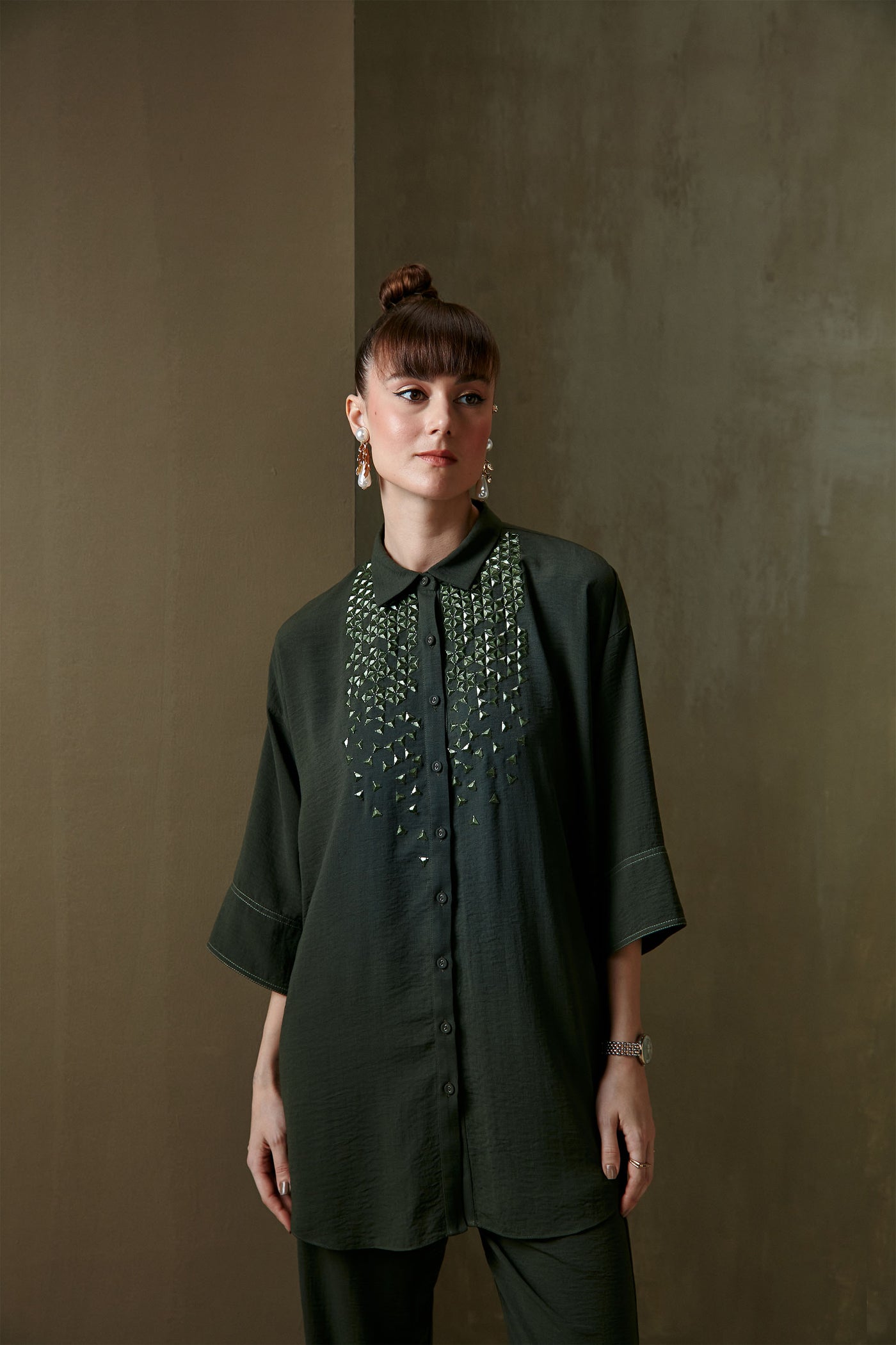Namrata Joshipura Triad Boxy Co-ord Set olive indian designer fashion online shopping melange singapore