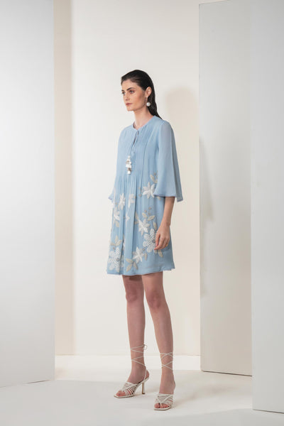 Namrata Joshipura Viola Bloom Gathered Dress blue western indian designer wear online shopping melange singapore