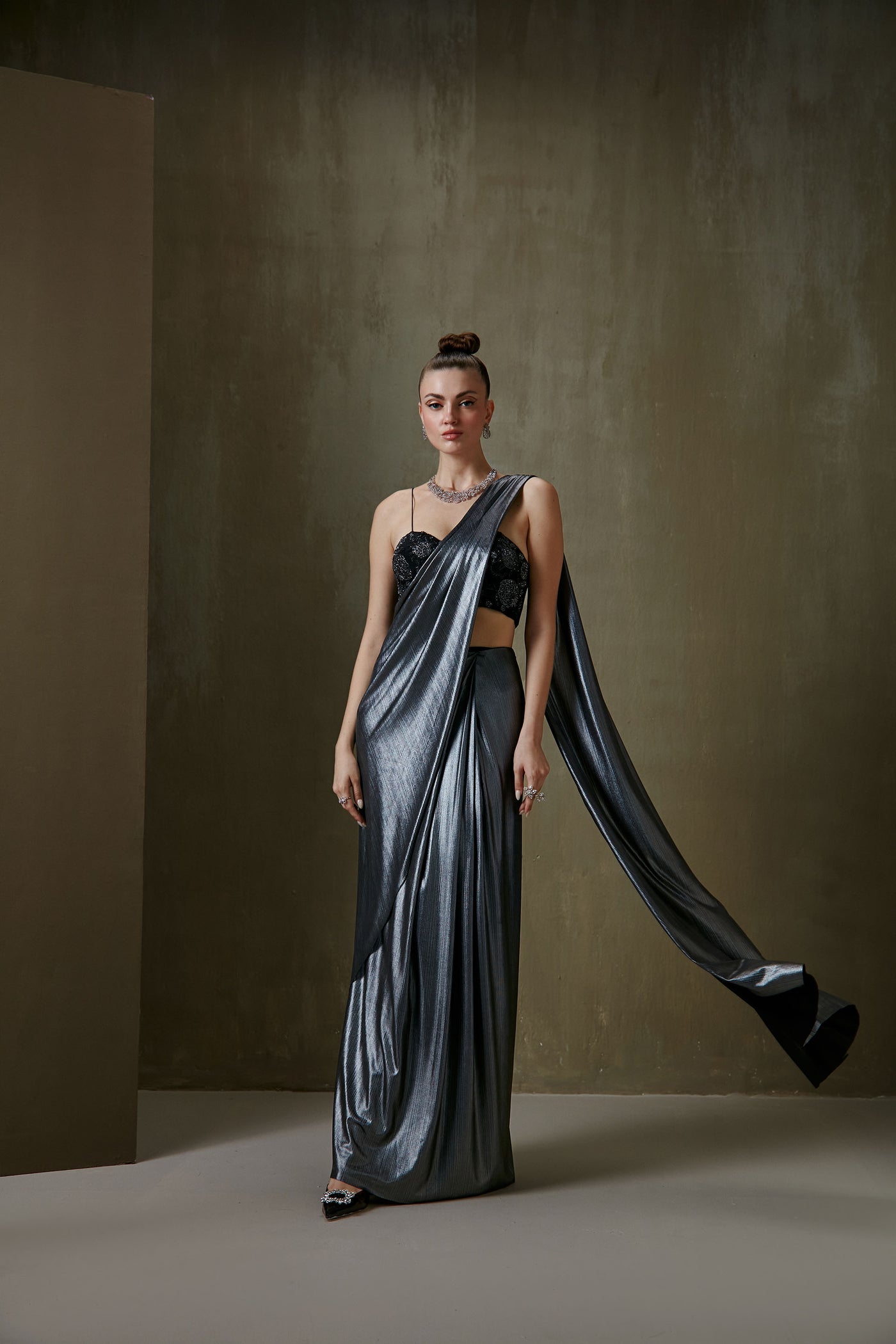Namrata Joshipura Wild Iris Drape Saree Set black indian designer fashion online shopping melange singapore